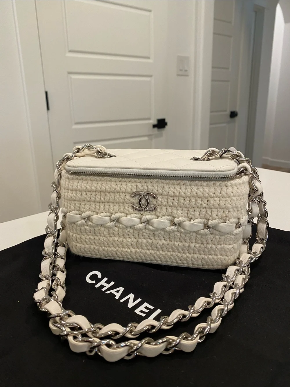 CHANEL Lambskin Crochet Quilted Small Vanity Case With Chain White